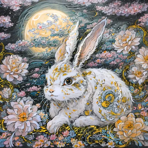 yamazawa， themoon， clouds， skysky， smart rabbit，painting of a（curly）， natta， jewely， traditional media， fresh flowers， high high...