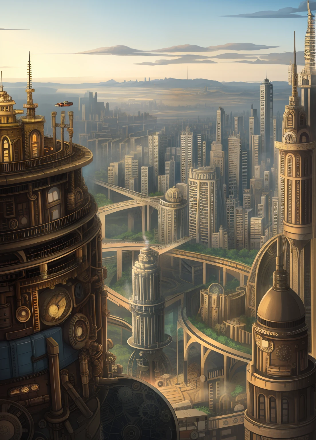 A densely populated steam-punk cityscape filled with various gears and pipes.