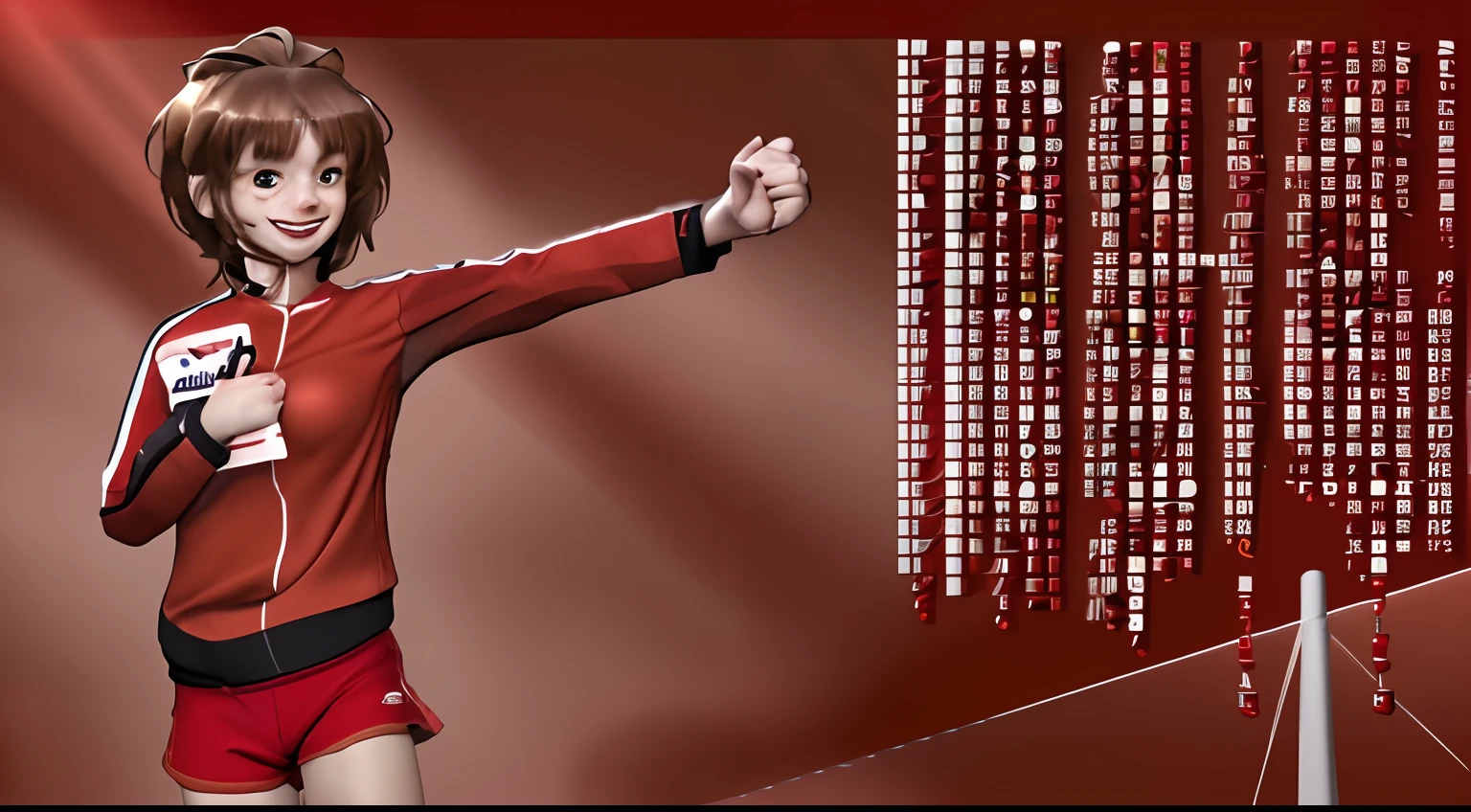 Anime girl in red sports outfit pointing at a screen with numbers - SeaArt  AI