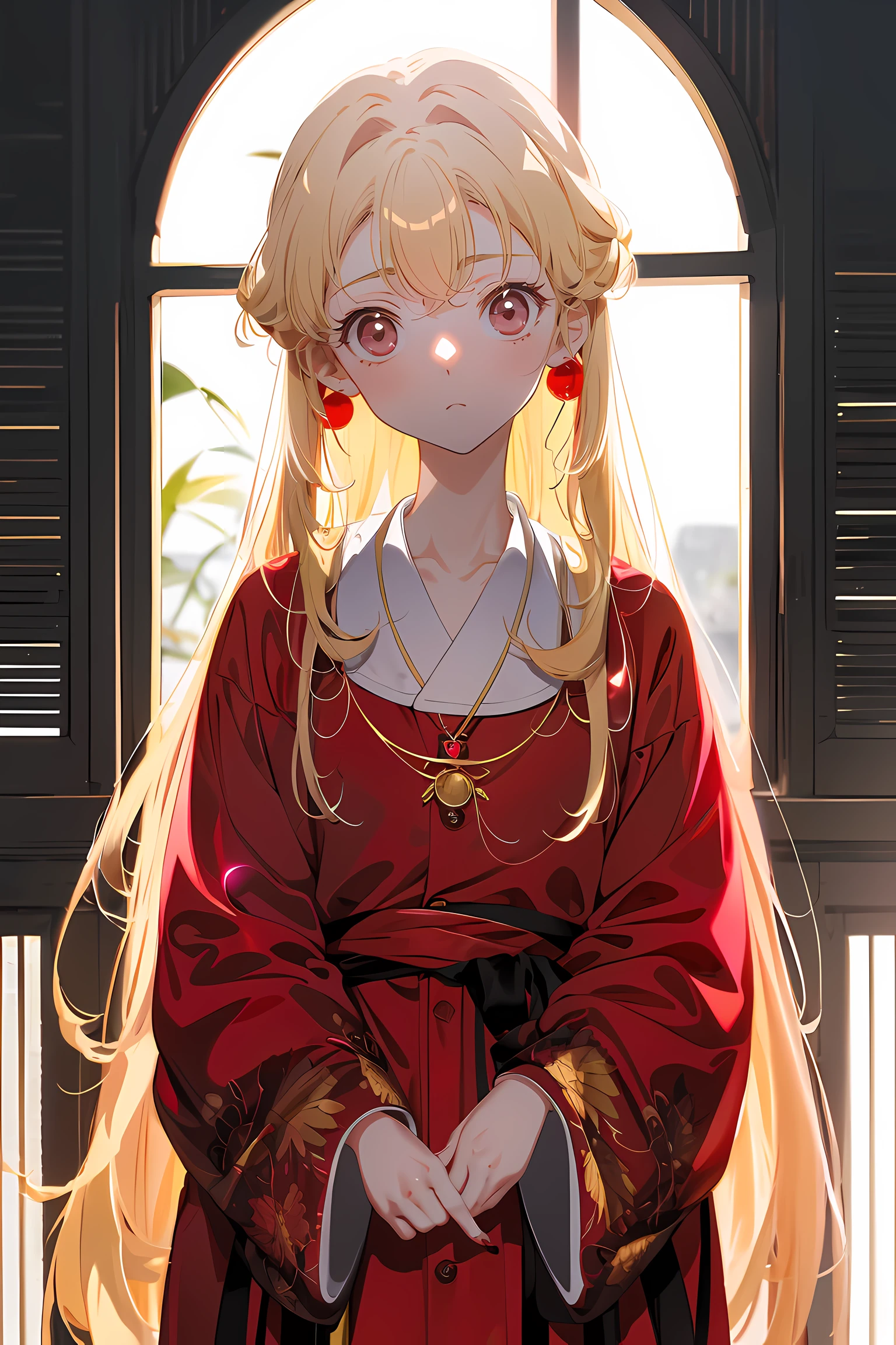 Anime girl with long blonde hair wearing red dress and red earrings -  SeaArt AI