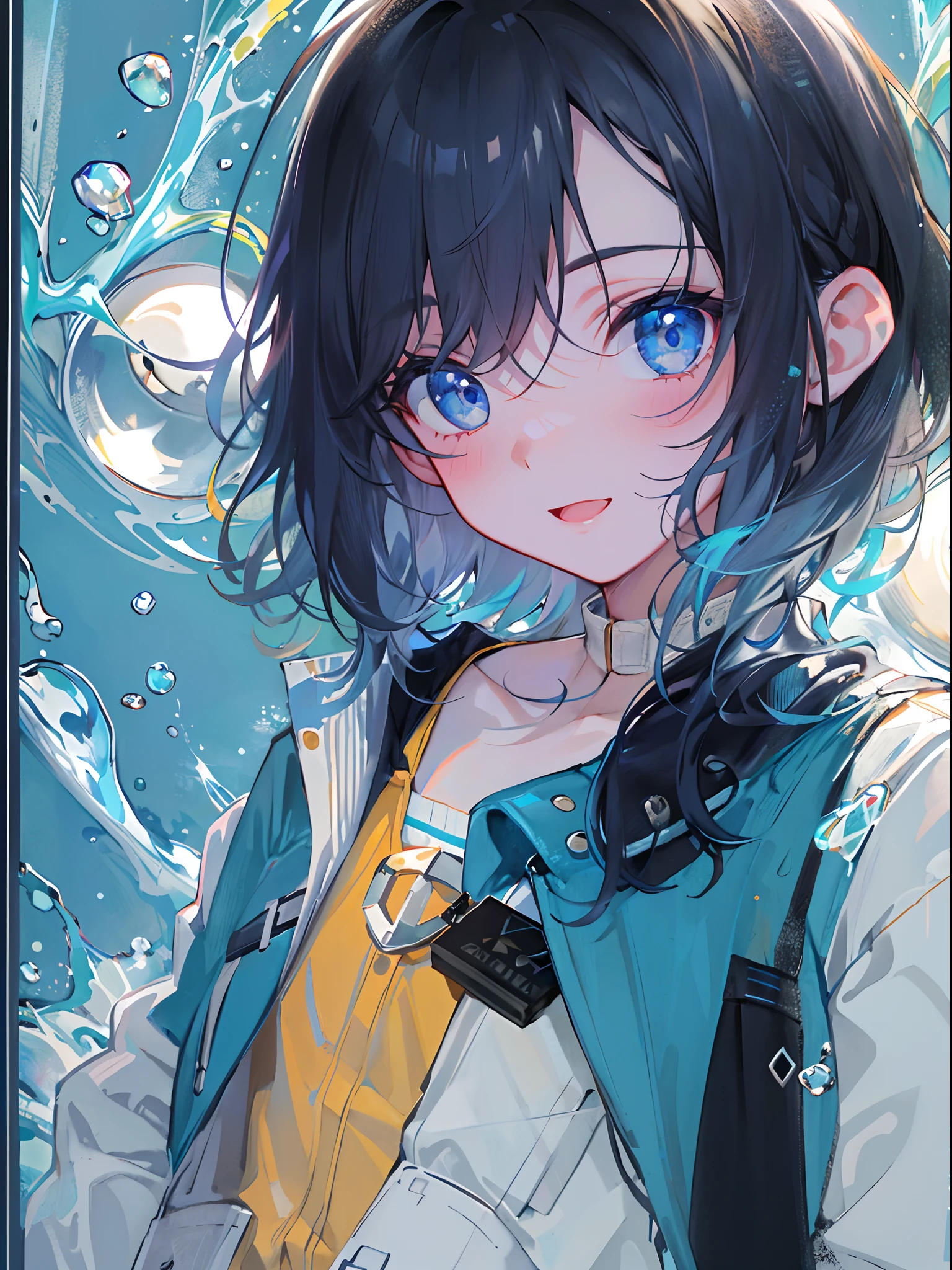 ((top-quality)), ((​masterpiece)), ((Ultra-detail)), (extremely delicate and beautiful), girl with, solo, cold attitude,((Black jacket)),She is very(relax)with  the(Settled down)Looks,A darK-haired, depth of fields,evil smile,Bubble, under the water, Air bubble,bright light blue eyes,Inner color with black hair and light blue tips,Cold background,Bob Hair - Linear Art, shortpants、knee high socks、White uniform like 、Light blue ribbon ties、Clothes are sheer、Hands in pockets、Leaning against the wall,Bright eyes like sapphires, flourescent blue,