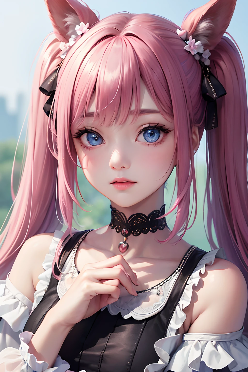 1girl in、looking at the viewers、
The upper part of the body、Beautiful blue eyes、Twin tails pink hair color、Moles under the eyes、Plump and glossy lips、Heart-shaped choker、。.。.。.。.。.。.。.。.。.。.。.。.。.。.。.。.。.。.。.。.。.。.3D、realisitic、
excessively frilled princess dress、draped clothes、jewely、ornament detached、florals、Lace trim、in woods、Rabbit、Zideer、
​masterpiece、top-quality、8K、detailed skin textures、Detailed Cloth Texture、beautifull detailed face、intricate-detail、ultra-detailliert、
Rim lighting、Side lighting、ciinematic light、超A high resolution、8K UHD、film grains、Best Shadow、delicated、gazing at viewer、front facing