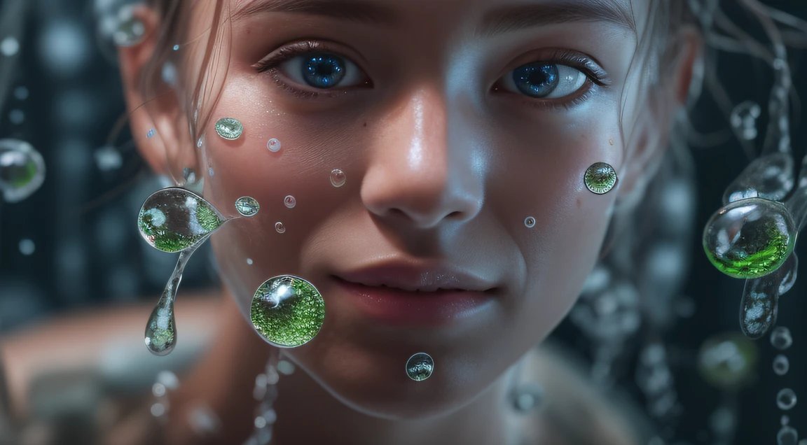 Giant blister 8K Ultra HD,author：Alessio Albi, Depth of field for water drop particles,Detailed rest periods for young girls，Her face is centered in the frame, The beauty on her face was obscured by a large number of water droplets of various sizes around her, It was as if she was in a giant blister, Between contrasts, Youth,chaos,Blisters around, Thought-provoking composition,(Detailed environment,intricate environment_Occlusion, Detailed)Huge water droplets