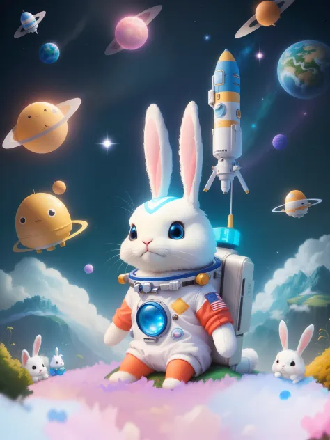 （There is a rabbit in a spacesuit sitting on a cloud）,Wear shoes， Beeple and Jeremiah Ketner, Cute detailed digital art, lovely digital painting, cute anthropomorphic bunny, wojtek fus, adorable digital art, trending on cgstation, 4k highly detailed digita...