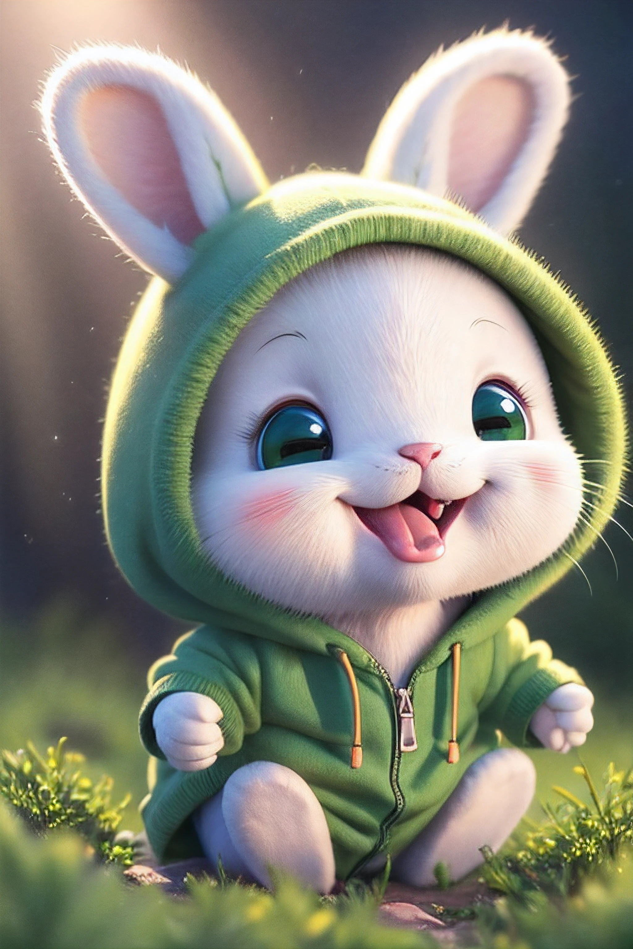 Un gros plan d'un lapin de dessin animé portant un sweat à capuche vert  - SeaArt AI