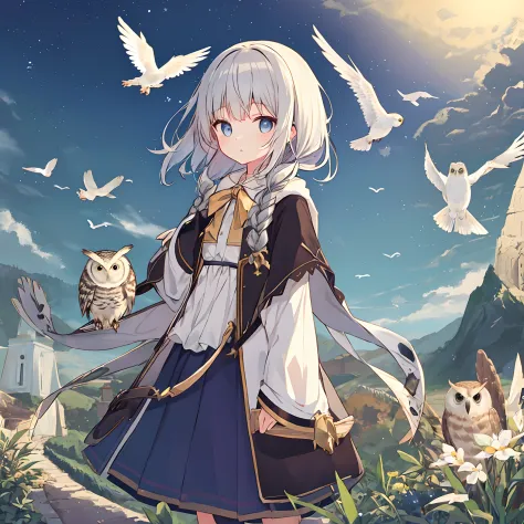 girl，The expression is cold，Bird trainer，There is an owl on the shoulder，Handsome dress