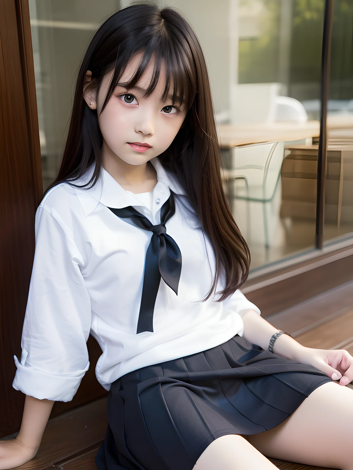 change of clothes，10years old girl，A dark-haired，skirt by the