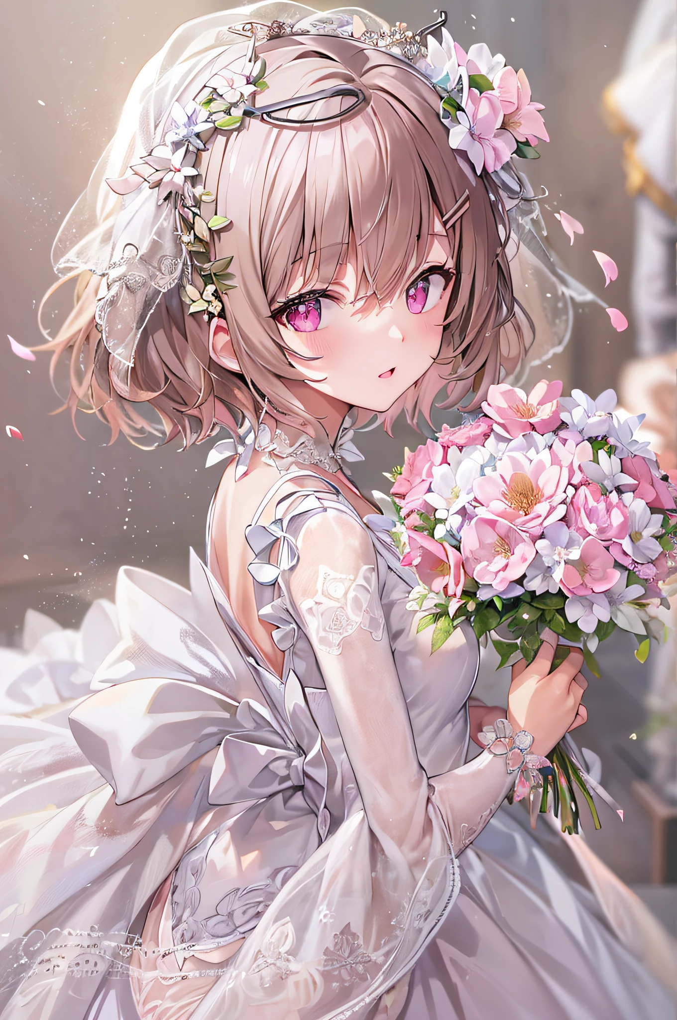 Mass Piece, Top image quality, High resolution, Ultra-high resolution, depth of fields, Short hair, Brown hair, Pink eyes, (Hairpin), wedding dress, flower, chies