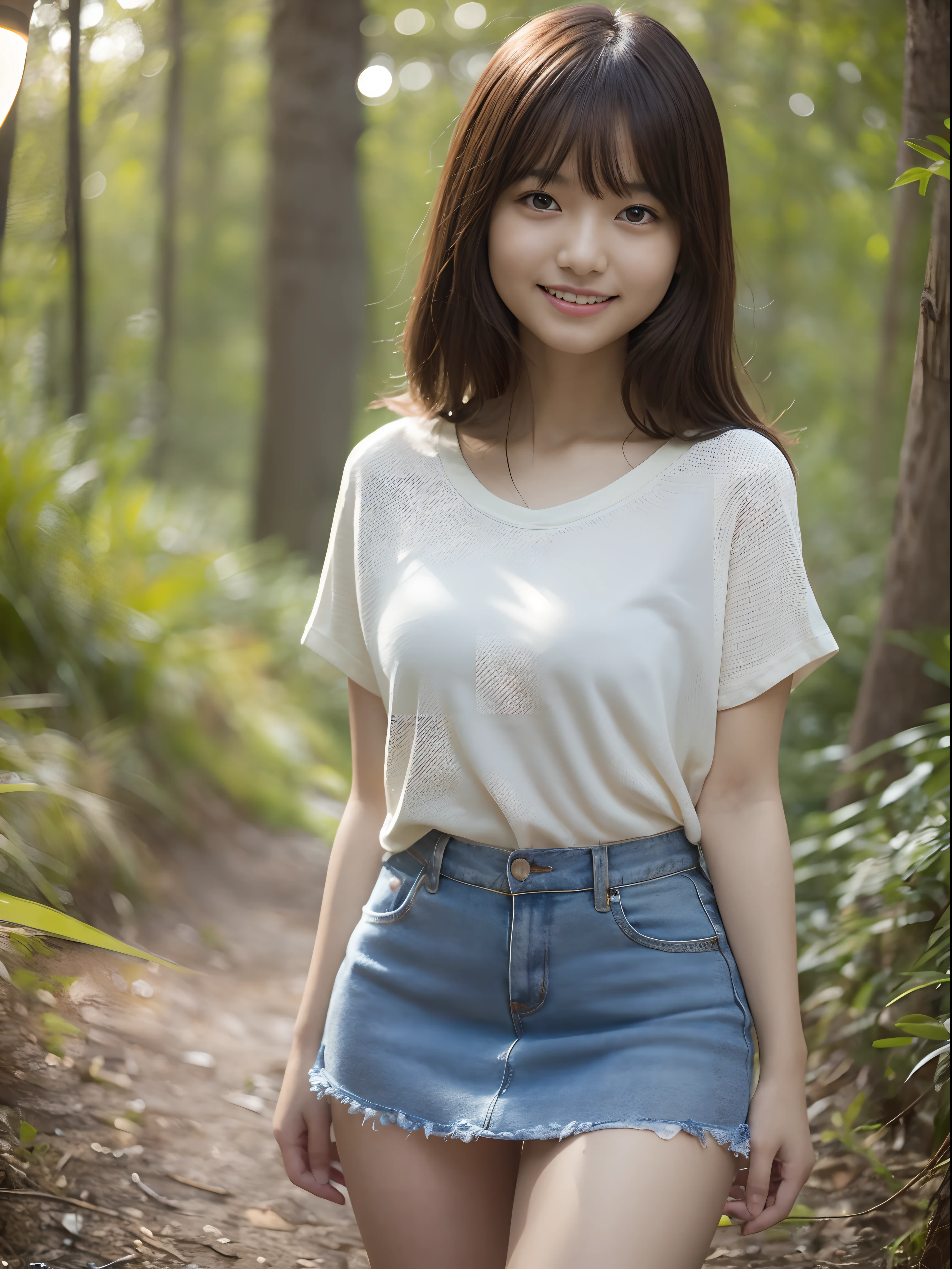 A close up of a woman in a white shirt and blue skirt - SeaArt AI