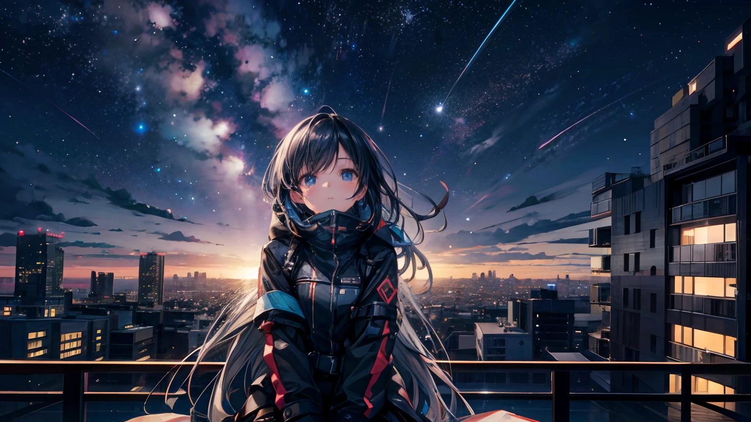 octane, sky, Star (sky), scenery, Starry sky, Night, 1girll, Night sky, Solo, Outdoors, Building, Cloud, Milky Way, Sitting, tree, Long hair, City, Silhouette, Cityscape, Looking Up The Sky, 8K, Beautiful night sky, Ray tracing, Masterpiece, Cute face