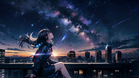 octane, sky, Star (sky), scenery, Starry sky, Night, 1girll, Night sky, Solo, Outdoors, Building, Cloud, Milky Way, Sitting, tre...