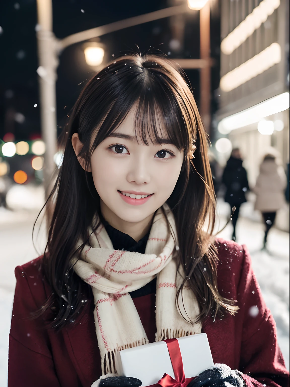 (Close-up portrait of one girl has long hair with dull bangs in a winter uniform and scarf coat:1.5)、(One girl open her arms widely with a shy smile has a gift box in hand  with gloves:1.5)、(Snowing winter night street corner with Christmas lights:1.5)、(Perfect Anatomy:1.3)、(No mask:1.3)、(complete fingers:1.3)、Photorealistic、Photography、masutepiece、top-quality、High resolution, delicate and pretty、face perfect、Beautiful detailed eyes、Fair skin、Real Human Skin、pores、((thin legs))、(Dark hair)