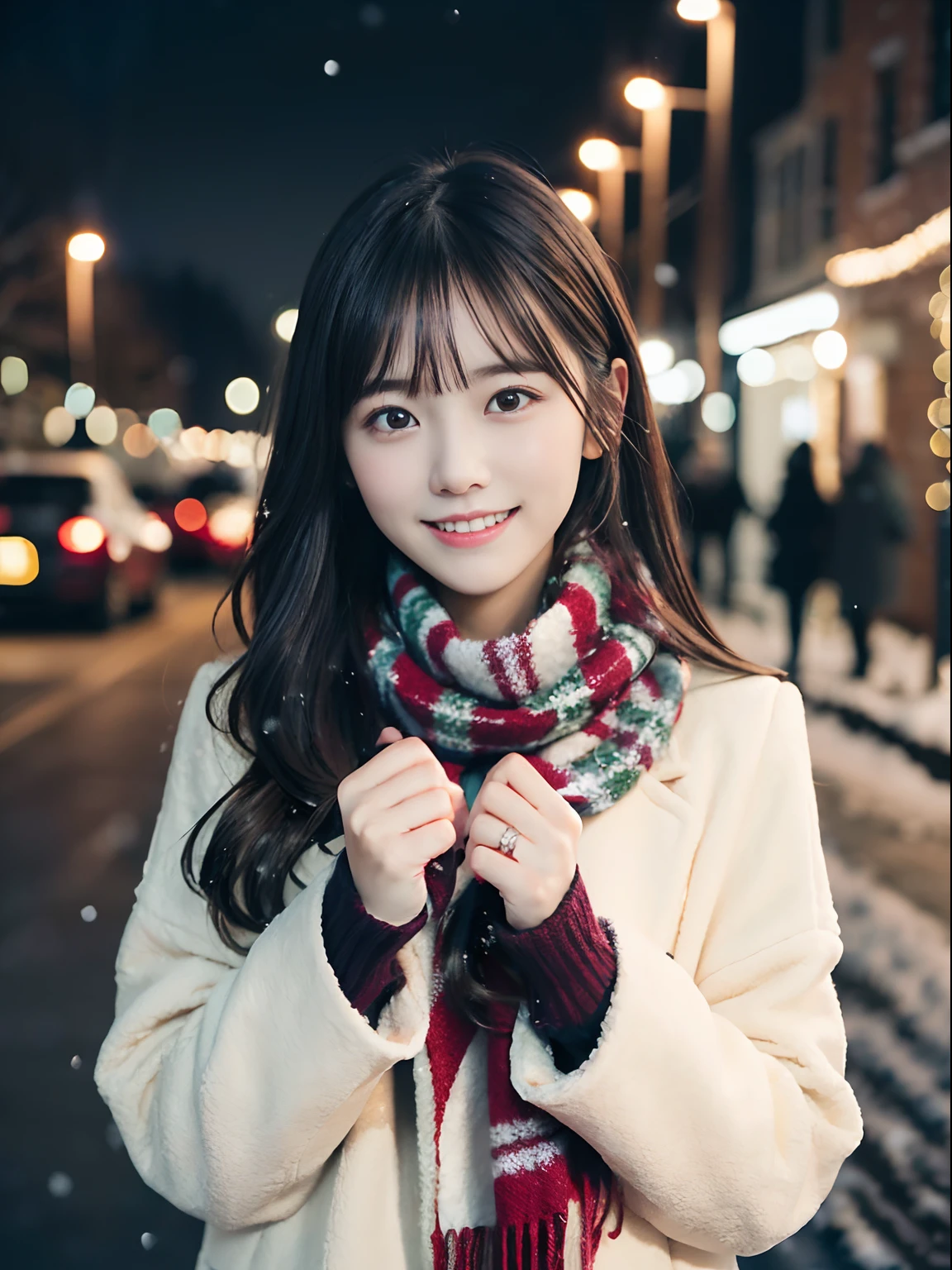 (Close-up portrait of one girl has long hair with dull bangs in a winter uniform and scarf coat:1.5)、(One girl open her arms widely with a shy smile:1.5)、(Snowing winter night street corner with Christmas lights:1.5)、(Perfect Anatomy:1.3)、(No mask:1.3)、(complete fingers:1.3)、Photorealistic、Photography、masutepiece、top-quality、High resolution, delicate and pretty、face perfect、Beautiful detailed eyes、Fair skin、Real Human Skin、pores、((thin legs))、(Dark hair)