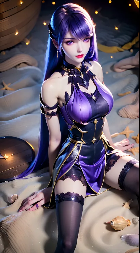 1 beautiful and sexy 20 year old girl, ((wearing a super purlpe dress:1.6)), ((a dress with diamonds:1.7)), ((long purple hair:1.6)), jewelry elaborately made from precious stones and beautiful hair, the noble, noble style of an extremely beautiful girl, h...
