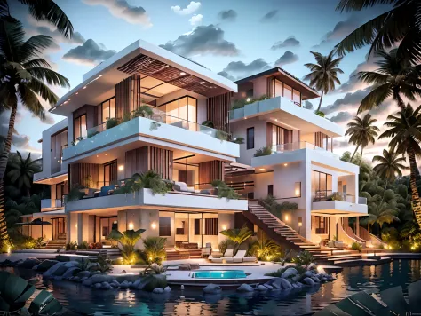 Boho house, luxury beach front Caribbean luxury villa, glass open space loft villa with roof garden, modern, dynamic (RAW photo,...
