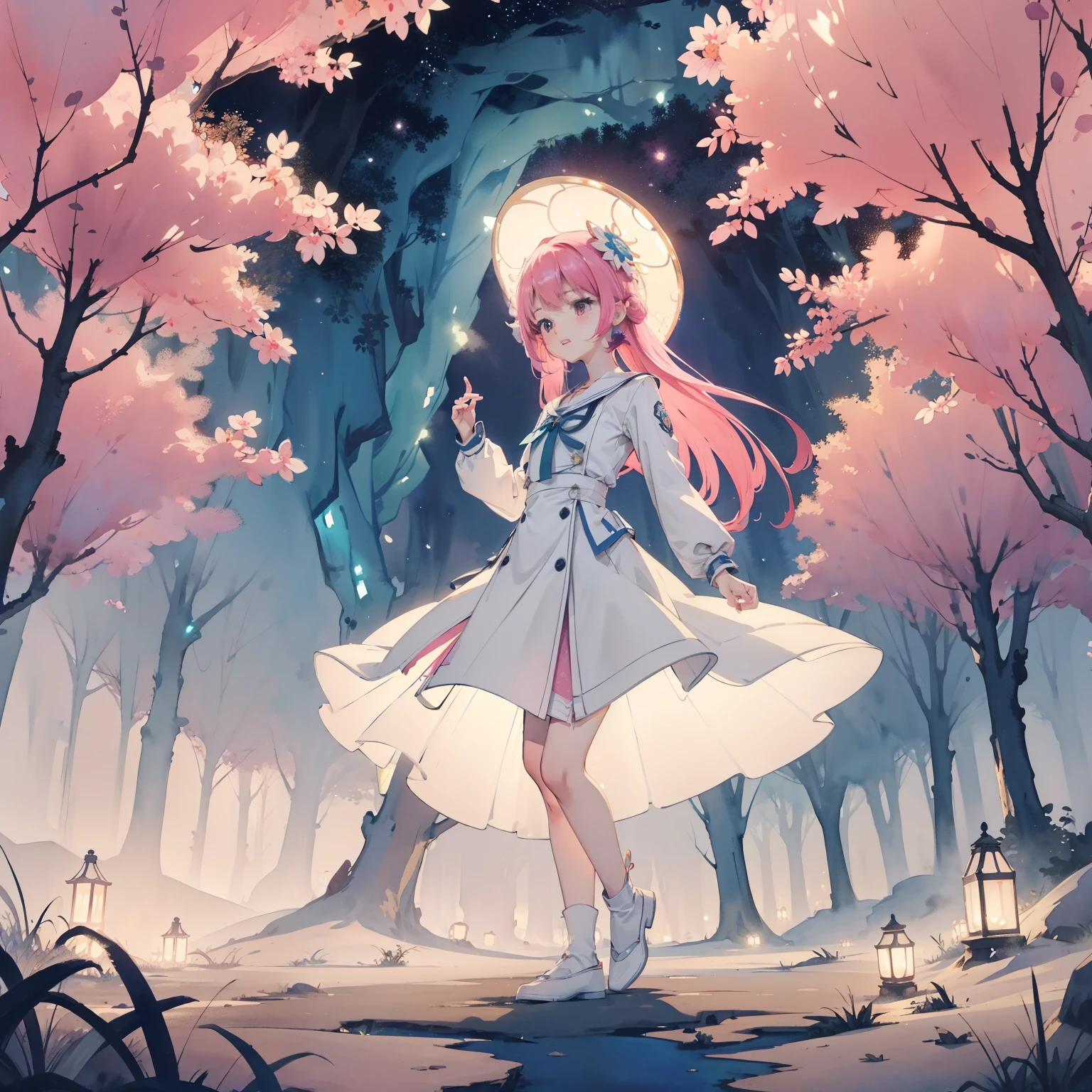 Beautiful and aesthetic,, Solo,Cute,colorfulhair，Dance，，spore，(glowing ambiance, enchanting glow, luminouslighting, Ethereal atmosphere,Watercolor illustration, Perfect anatomy, Masterpiece, Best quality, 1girll, Loli,elementary student,Nature, landscape