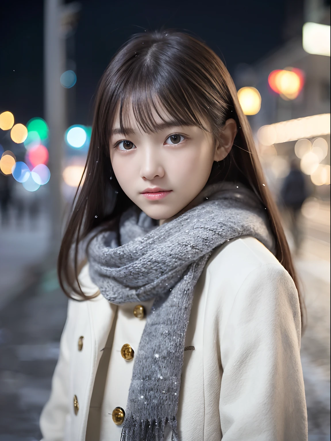 (Primer plano de la cara tomada desde detrás de una chica delgada que tiene el pelo largo con flequillo opaco y una bufanda gris, abrigo de invierno blanco con uniforme de invierno:1.5)、(Una niña se dio la vuelta con cara muy triste y su cabello ondeando al viento. :1.5)、(Esquina de la calle de la noche de invierno nevando con luces navideñas:1.5)、(anatomía perfecta:1.3)、(sin mascara:1.3)、(dedos completos:1.3)、Fotorrealista、fotografía、Mesa、de primera calidad、alta resolución, delicado y bonito、cara perfecta、Hermosos ojos detallados、piel blanca、piel humana real、pores、((piernas delgadas))、(pelo oscuro)