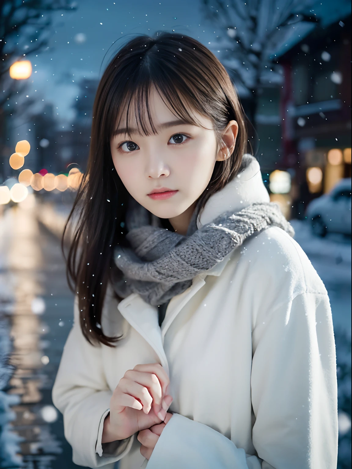 (Close-up face shot of one slender girl has long hair with dull bangs and a gray scarf white winter coat in winter uniform:1.5)、(One girl turned around with very sad face and her hair flutter in the wind :1.5)、(Snowing winter night street corner with Christmas lights:1.5)、(Perfect Anatomy:1.3)、(No mask:1.3)、(complete fingers:1.3)、Photorealistic、Photography、masutepiece、top-quality、High resolution, delicate and pretty、face perfect、Beautiful detailed eyes、Fair skin、Real Human Skin、pores、((thin legs))、(Dark hair)