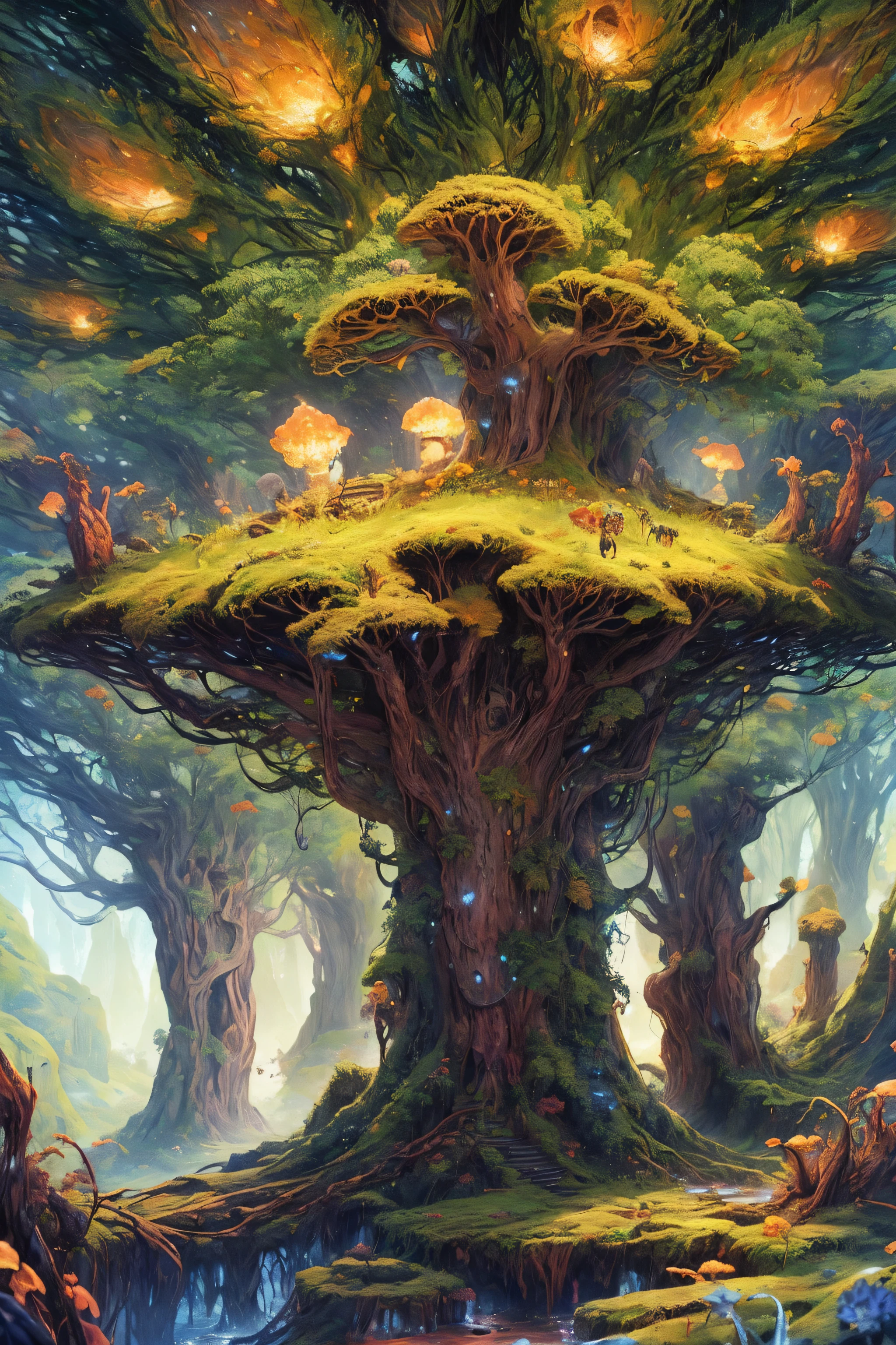 Colorful scenario, The World Tree, A large elven tree, Elven Forest, overhead view, Yggdrasil, fentezi, An incredibly large tree rises above the forest, Flora and fauna, very green, rocks, A lot of trees, mountain, mist, spectral, Magic, superior, an artistic, Clouds, ombre, dynamic, rich composition, Intricate, landscape, Incredibly beautiful sky, stars in thr sky, Anime with small details, Best Quality, Masterpiece, Ultra-detailed, Beautiful, hight resolution, Original,CG 8K ультрареалистичный, perfect artwork, hyper realistic, Ultra Detailed, dramatic  lighting, (Realistic) Realistic, Full HD, Best Quality, Best Quality, Beautiful lighting, (8k wallpaper of extremely detailed CG unit), High Details, sharp-focus, The art of dramatic and photorealistic painting,