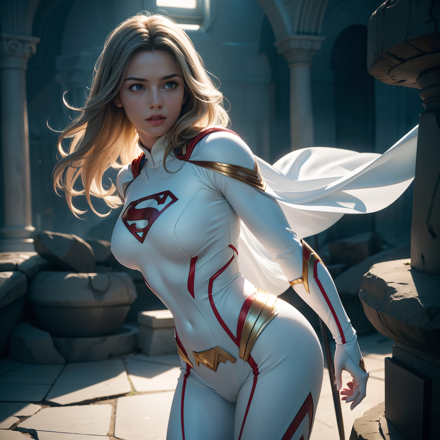 Супермен (женщина, Белый костюм) из комиксов DC, Компьютерная графика с четким фокусом, фотореалистичный, высокая детализация, реалистичный, шедевр, абсурд, Лучшее качество, HDR, высокое качество, высокое разрешение, чрезвычайно подробный, 8к обои, сложные детали, 8к ухд, Full HD, (реалистичное фото:1.2), контраст, Резкое освещение, кинематографическое освещение, естественное освещение, жесткий свет, подсветка, глобальное освещение, Окклюзия окружающей среды