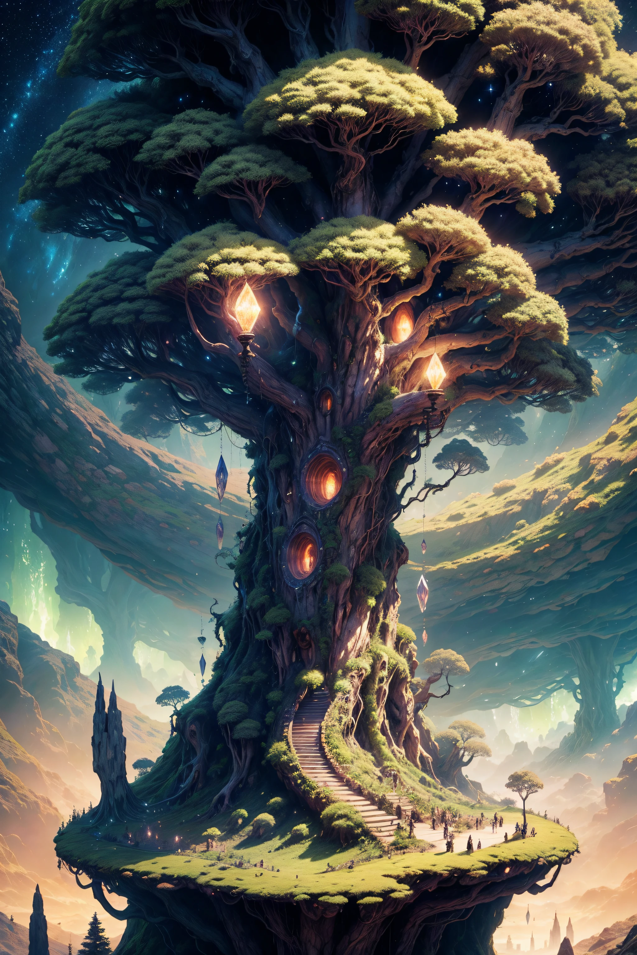 Illustration hyper-realistic, otherworldly, The World Tree, A large elven tree, Yggdrasil, fentezi, Flora and fauna, very green, woods, An incredibly large tree rises on top of all the trees, ultra-celestial scene with a giant full-length crystal tree, Very detailed and magical lighting, intricate forest details, vegetation and the river around, Sunny punk, Scenery, a giant tree, beautiful deciduous with beautiful lighting and realistic proportions, As if it were a cinematic backdrop, 8k, topquality, tmasterpiece, Clouds and stars in the sky.