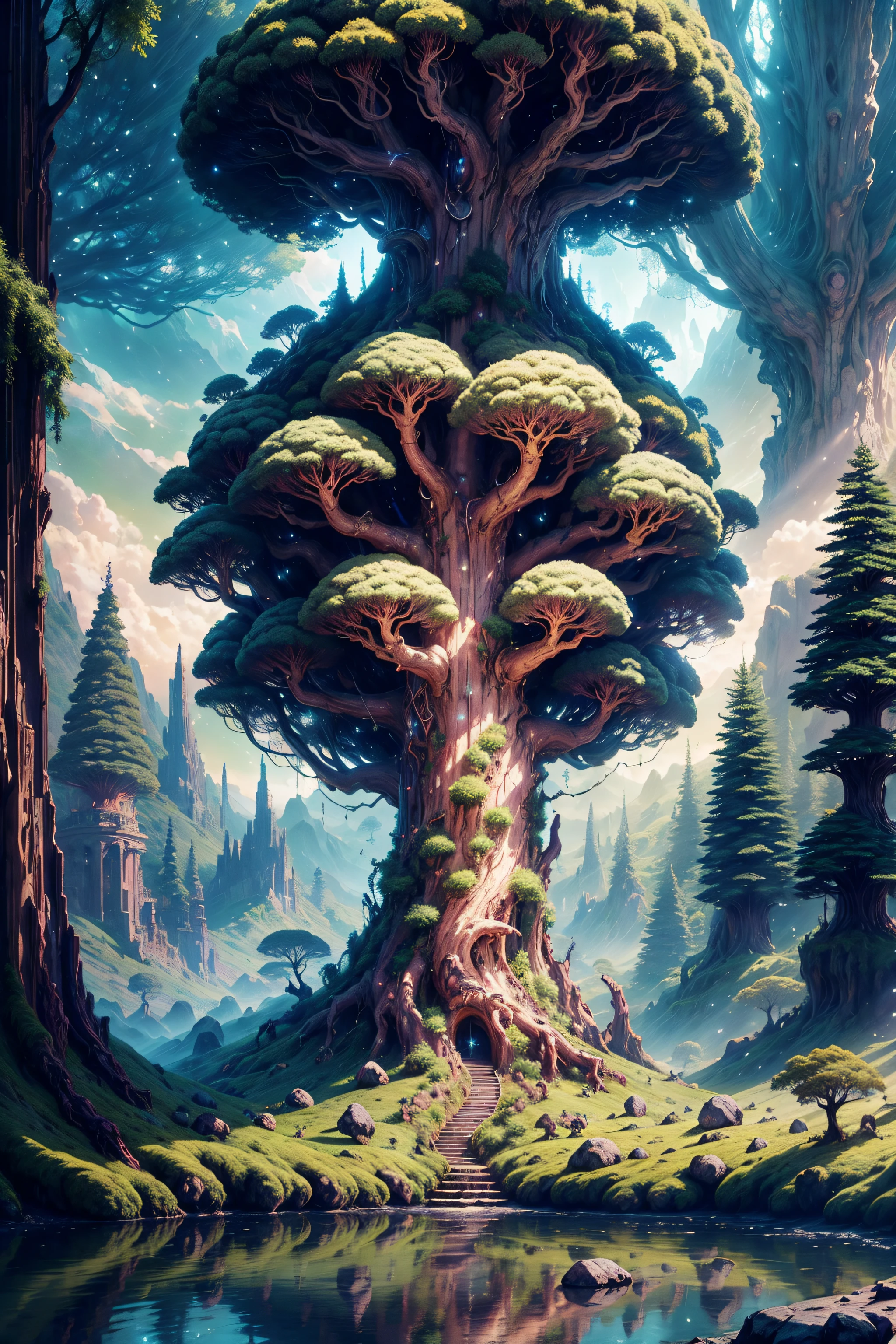 Illustration hyper-realistic, otherworldly, The World Tree, A large elven tree, Yggdrasil, fentezi, Flora and fauna, very green, woods, An incredibly large tree rises on top of all the trees, ultra-celestial scene with a giant full-length crystal tree, Very detailed and magical lighting, intricate forest details, vegetation and the river around, Sunny punk, Scenery, a giant tree, beautiful deciduous with beautiful lighting and realistic proportions, As if it were a cinematic backdrop, 8k, topquality, tmasterpiece, Clouds and stars in the sky.