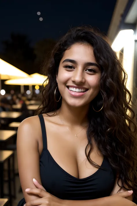 palestinian college student, dark brown skin, black sundress, petite , perfect face, nighttime, busy cafe, wavy voluminous hair layered, close up, medium-breast, laughing