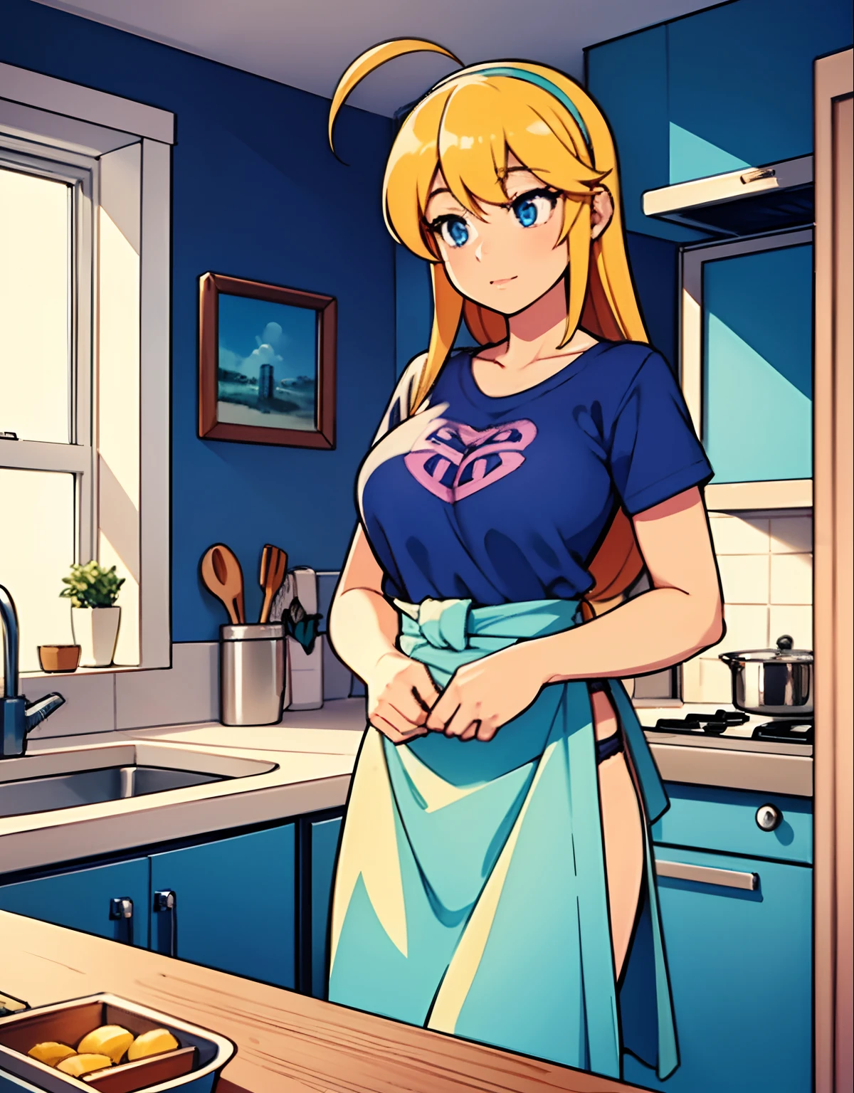 A robot housewife stands in the center of the scene. She has long blonde hair cascading down her shoulders and stunning blue eyes that mesmerize anyone who gazes into them. Her eyes light up with a vibrant glow, adding a hint of futuristic technology to her appearance. The robot housewife wears a pink t-shirt that complements her skin tone and a pair of blue jeans that fit her perfectly.

To complete her outfit, she adds a pink hairband adorned with an expressive ahoge, which adds a touch of playfulness to her character. As she goes about her daily tasks, she wears a green apron that ties neatly around her waist. The apron is slightly worn, suggesting a touch of nostalgia and memories created over time.

In the background, the scene is set in a cozy and neatly organized kitchen. Colorful utensils hang from hooks on the wall, adding a vibrant touch to the space. A wooden cutting board is laid on the countertop, with a bowl of fresh fruits waiting to be prepared. The sunlight streams through the window, casting warm rays on the scene, while soft kitchen lighting illuminates the robot housewife's face.

The overall image quality is of the highest caliber, embracing 4K resolution and showcasing ultra-detailed rendering. The vibrant colors of the scene bring a lively atmosphere, and the realistic depiction captures every intricate detail. The blending of various art styles, including a hint of anime influence, creates a unique and captivating visual storytelling experience.

The color palette is dominated by shades of pink and blue, creating a harmonious and soothing ambiance. The lighting emphasizes the warmth and coziness of the kitchen, with soft shadows casting an ethereal atmosphere.

Without a doubt, this artwork captures the essence of a modern robot housewife, combining technology, nostalgia, and a touch of whimsy. The attention to detail in her appearance and the surrounding environment breathe life into the painting, making it a masterpiece that blends reality