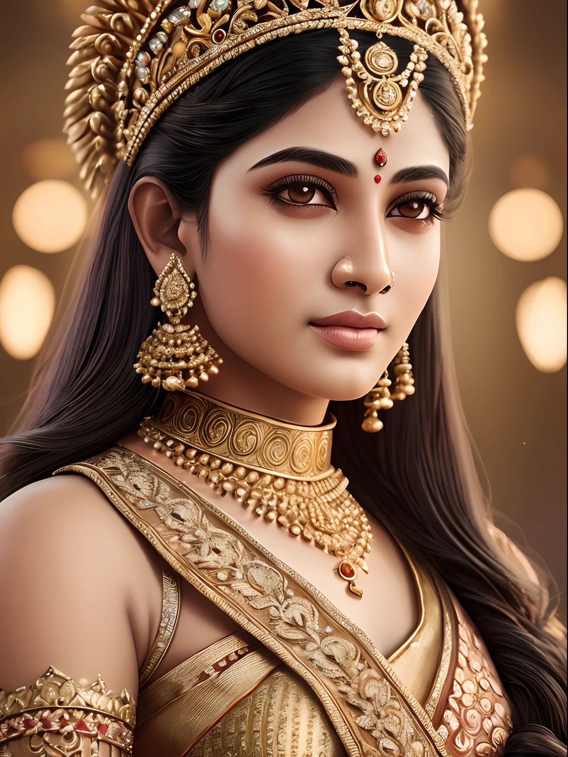 photo-realistic,studio-quality portrait of a fair south indian mythical ancient queen wearing luxurious and ornate clothing. intricate details opals and floral embellishments, diffused lighting,symmetrical depth of field,sharp focus,unreal engine