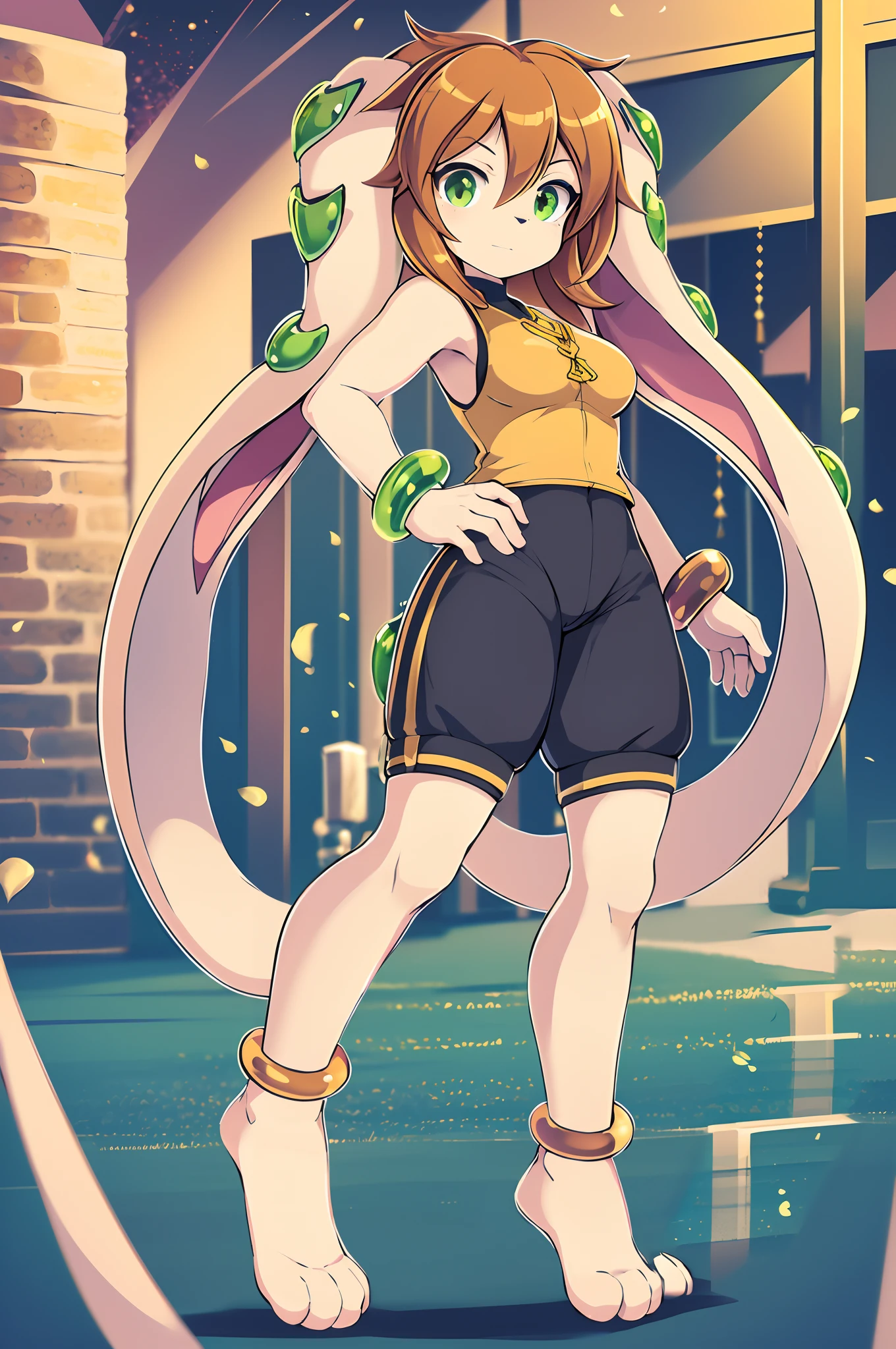 milla basset, masterpiece, best quality, 1girl, solo, long hair, looking at viewer, bangs, brown hair, shirt, animal ears, hair between eyes, bare shoulders, jewelry, breasts, green eyes, standing, tail, thighs, outside, shorts, sleeveless, shiny, bracelet, standing, full body