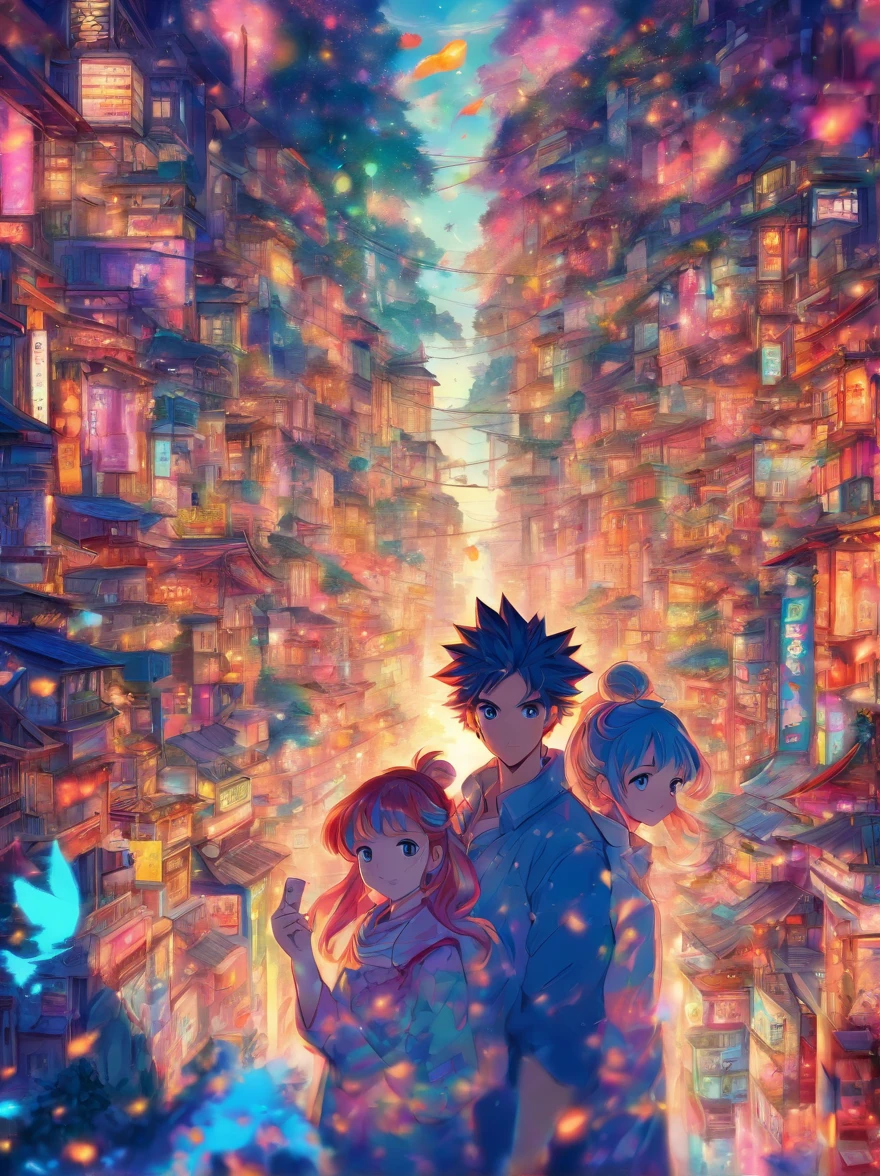 A couple of anime characters standing in a city with a sky background -  SeaArt AI