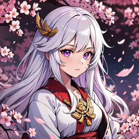 upper body, 1girl, white hair, long haired, purple eyes, (miko), gohei, big breats, wallpaper, cherry blossom tree background, l...