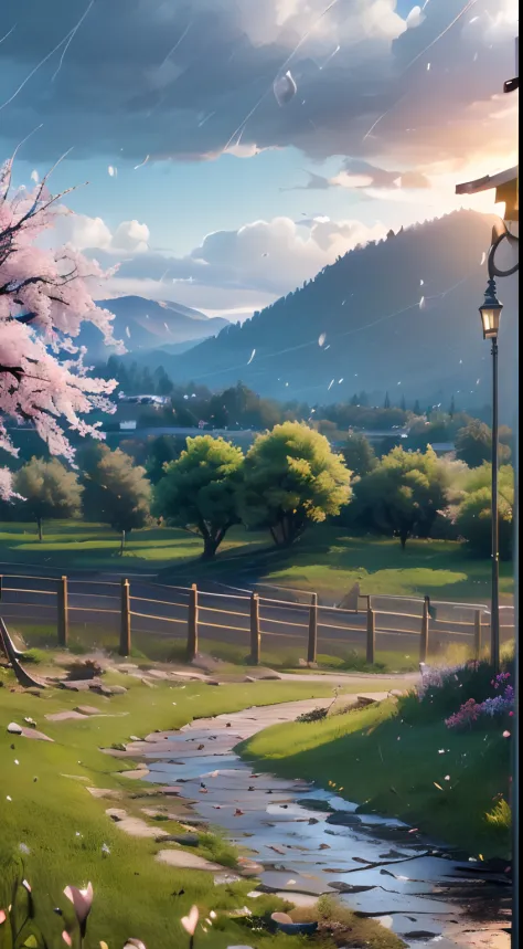 ((ultra real detailed.) (Masterpiece, Top quality, Best quality, offcial art, Beauty and aesthetics: 1.2), Very detailed, Colorful, Most detailed, branches, Buildings, barbed wire, Cherry blossoms, fences, Long hair, En plein air, petals, landscape, rain, ...