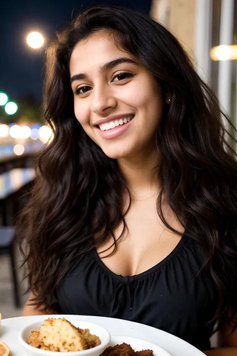 palestinian college student, dark brown skin, black sundress, petite , perfect face, nighttime, busy cafe, wavy voluminous hair layered, close up, medium-breast, laughing