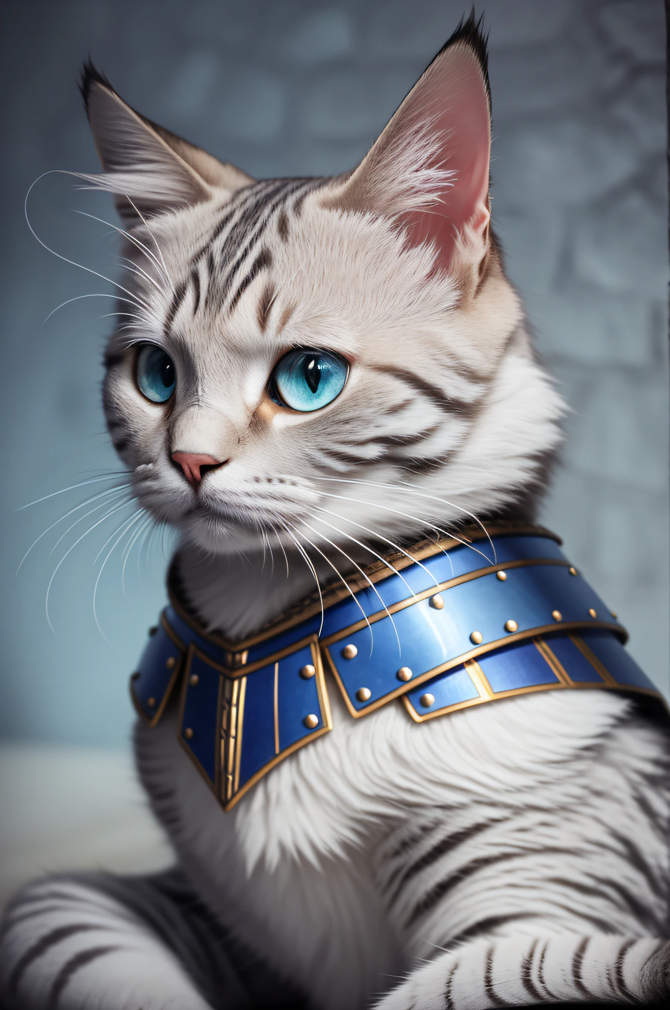 Adorable cat knight sitting, portrait, finely detailed armor, , crown on the head, Kompliziertes filigranes Design, Silber mit blauen Edelsteinen, Seide, castle wall in the background, Filmische Beleuchtung 4K