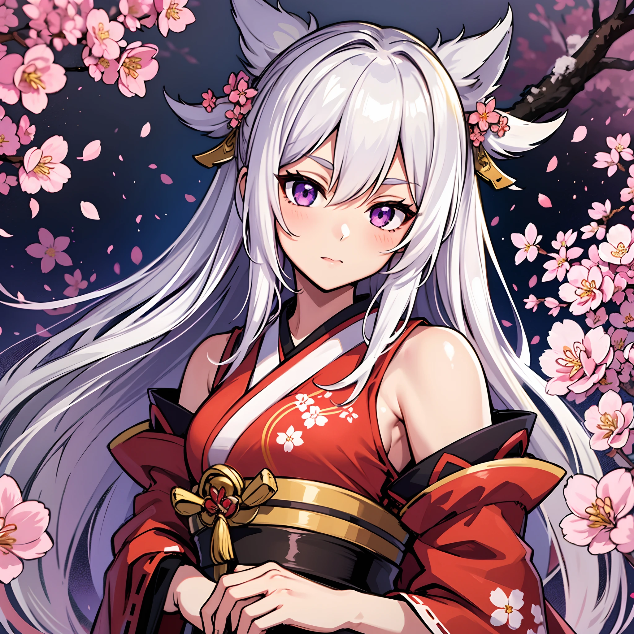 upper body, 1girl, white hair, Long Haired, purple eyes, (Miko), Gohei, kimono, big breats, wallpaper, cherry blossom tree background, light particles, Red fire,  (masterpiece), best quality