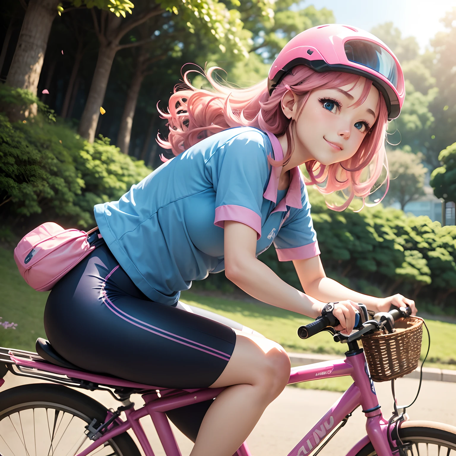 Anime girl riding a pink bicycle with a pink helmet and blue shirt - SeaArt  AI