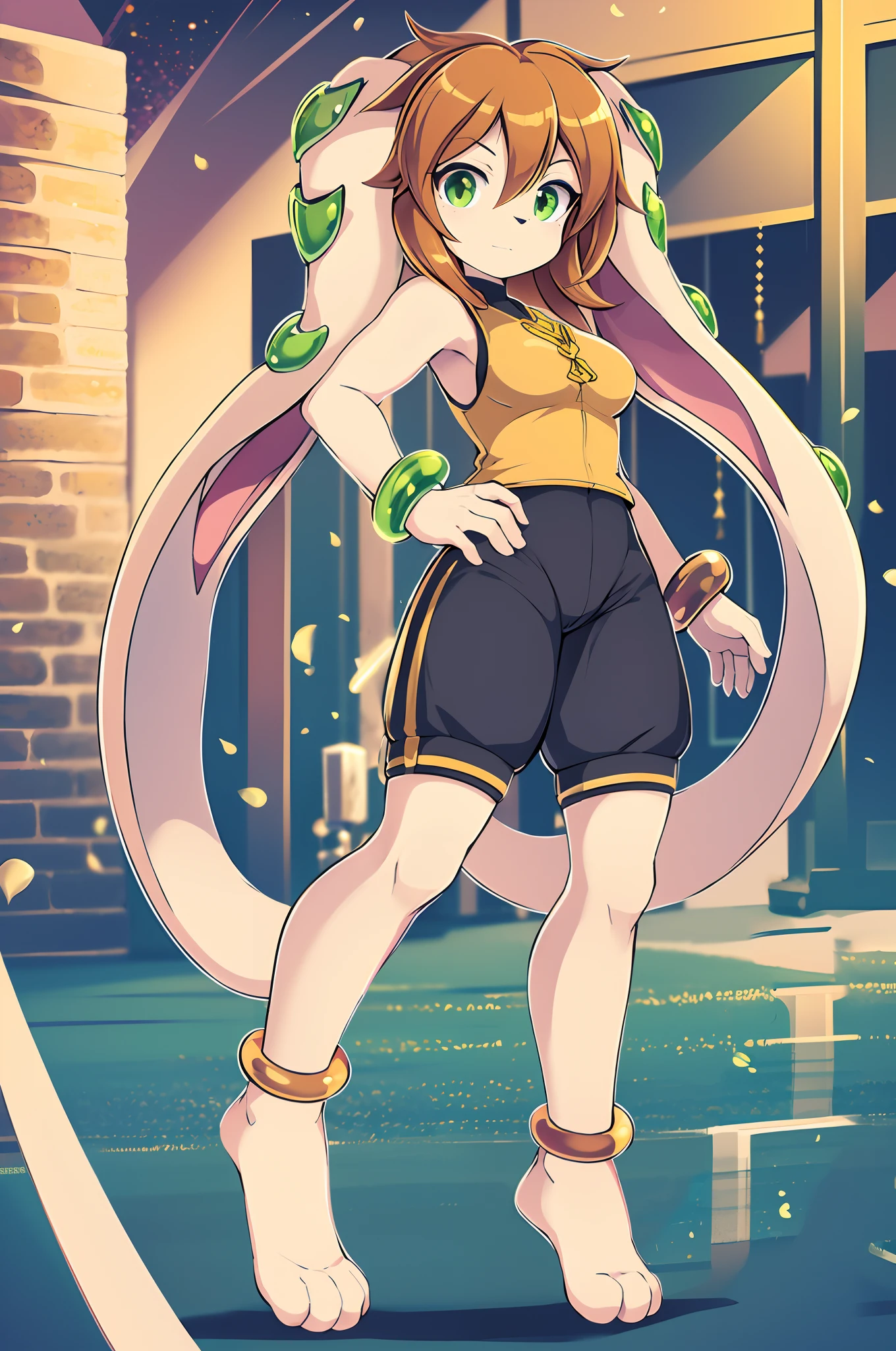 milla basset, masterpiece, best quality, 1girl, solo, long hair, looking at viewer, bangs, brown hair, shirt, animal ears, hair between eyes, bare shoulders, jewelry, breasts, green eyes, standing, tail, thighs, outside, shorts, sleeveless, shiny, bracelet, standing, full body