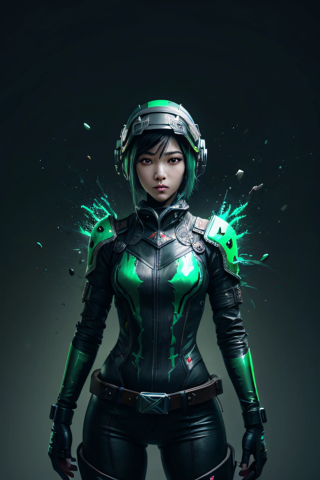 beautiful japanese young woman, extreme detailed, bodysuit, gloves, belt, thigh boots, (valorantViper:1.2), bodysuit, gloves, belt, thigh boots, respirator, looking at viewer, face, portrait, close-up, green, slender, (combat ready stance), (tactical outfit), (solo character), (gaming theme:1.5), short hair, green, (black hair), (milittary gear), (gas mask:0.4), (poisonous green:1.2), (glowing  effects),