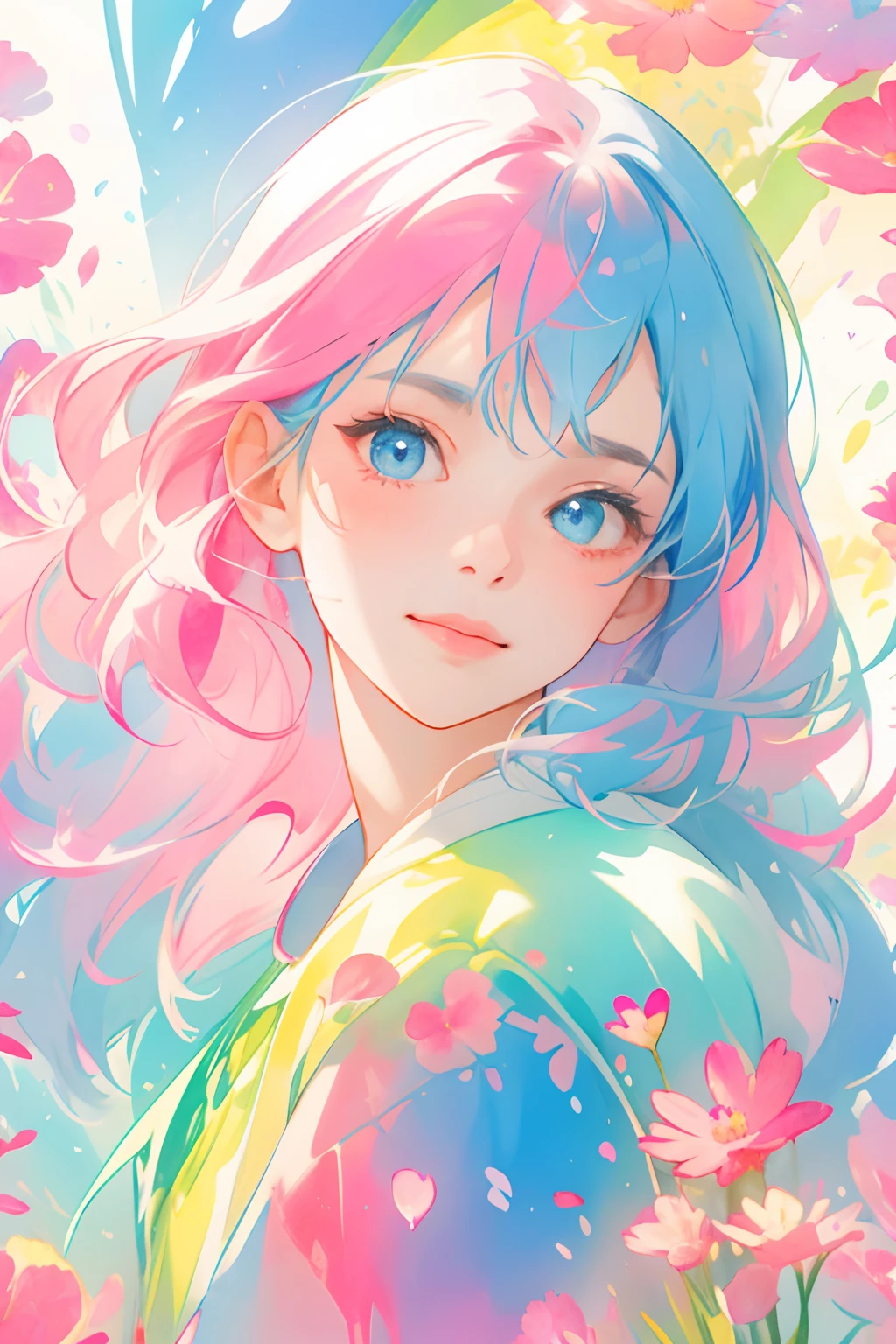 （best qualtiy，tmasterpiece，aquarelle，Splash ink），1 beautiful and delicate portrait of a girl，Playful and cute，Magic Array，Rainbow light，Background Petals drifting, Blue and pink combination，(The upper part of the body)