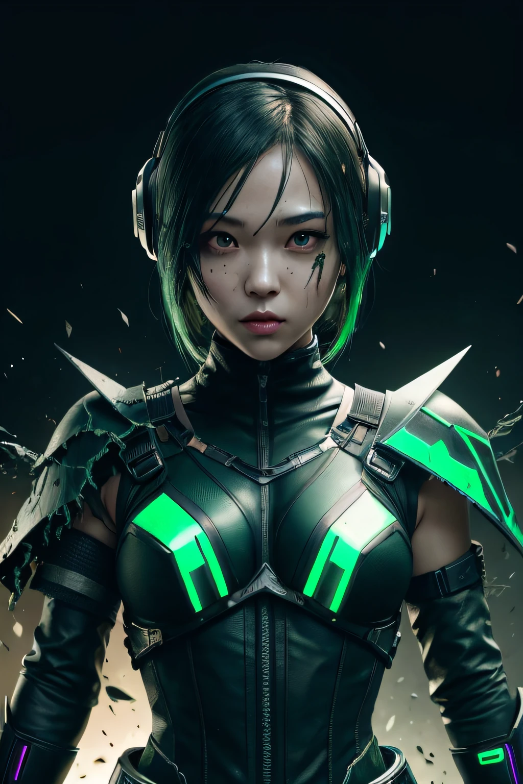 beautiful japanese young woman, extreme detailed, bodysuit, gloves, belt, thigh boots, (valorantViper:1.2), bodysuit, gloves, belt, thigh boots, respirator, looking at viewer, face, portrait, close-up, green, slender, (combat ready stance), (tactical outfit), (solo character), (gaming theme:1.5), short hair, green, (black hair), (milittary gear), (gas mask:0.4), (poisonous green:1.2), (glowing  effects),