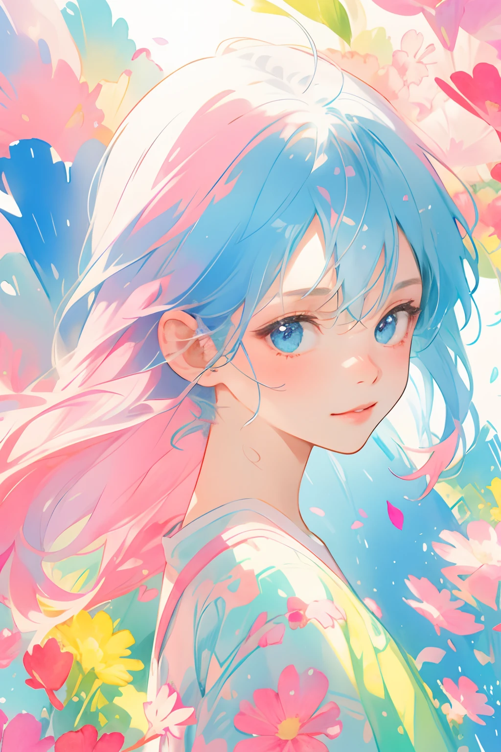 （best qualtiy，tmasterpiece，aquarelle，Splash ink），1 beautiful and delicate portrait of a girl，Playful and cute，Magic Array，Rainbow light，Background Petals drifting, Blue and pink combination，(The upper part of the body)