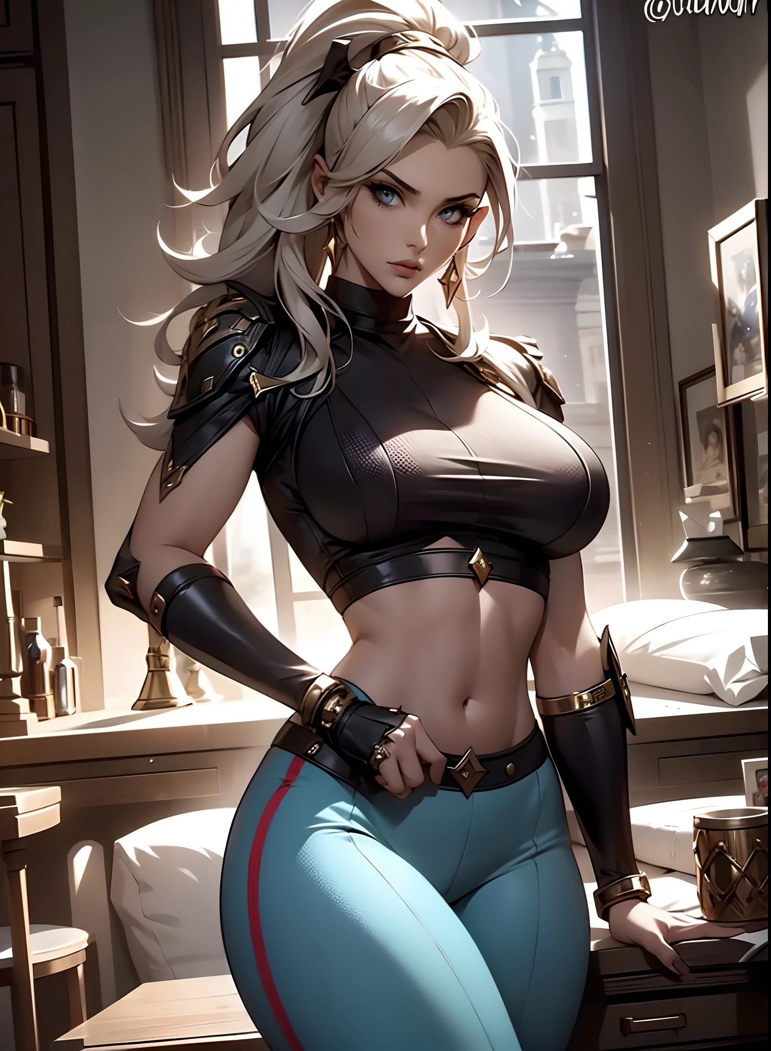 A female model with a toned body，Hourglass figure，Wear a stylish crop top，Highlighted her room. She is in a strong and powerful military posture, raised head，Eyes focused.