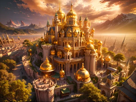 (best quality,4k,8k,highres,masterpiece:1.2),ultra wide angle aerial view,fantasy golden city,giant golden jade castle,all house...