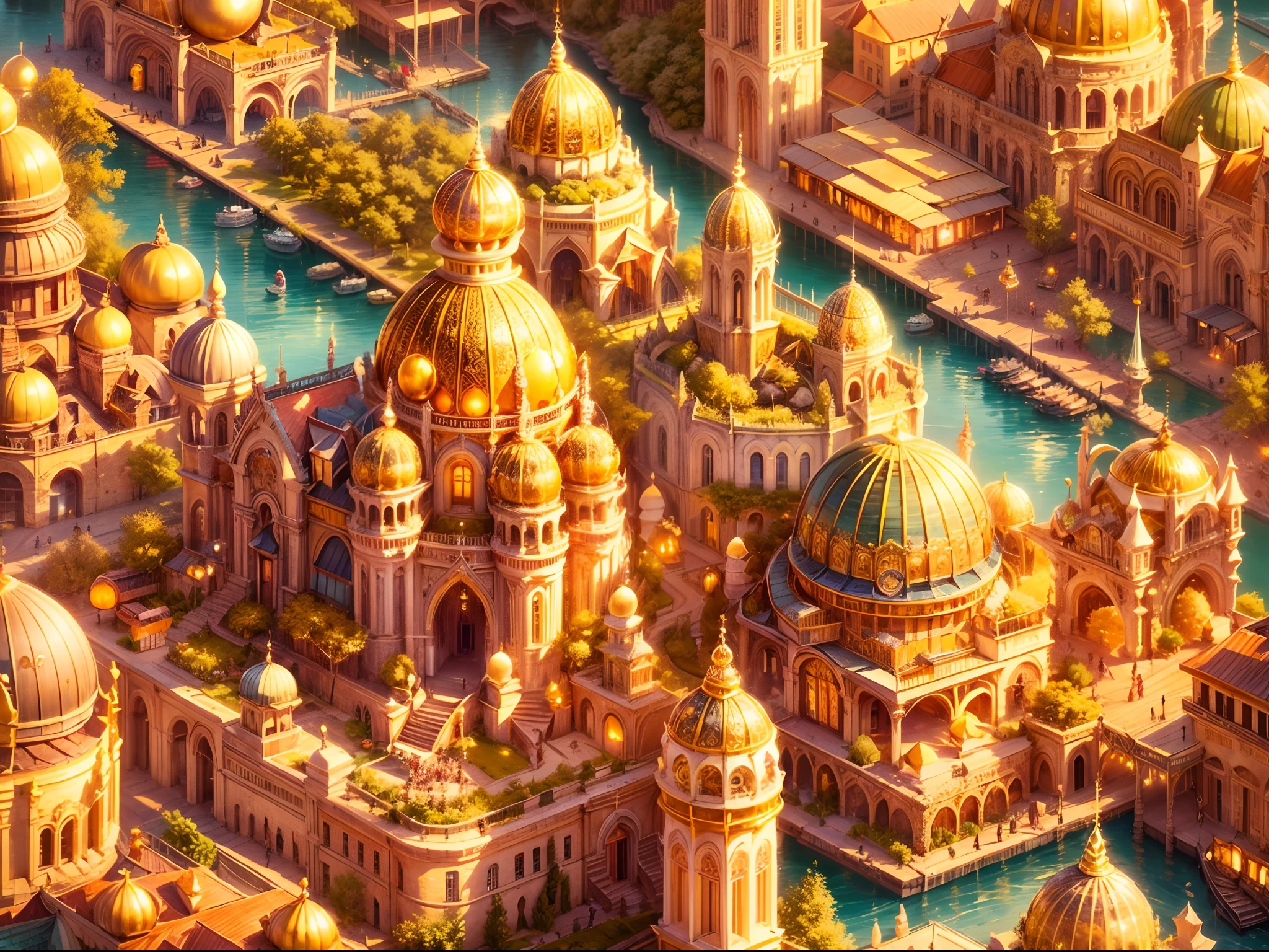 best quality,4k,8k,highres,masterpiece:1.2,ultra-detailed,realistic:1.37,ultra wide angle aerial view, aerial shot,aerial perspective, fantasy golden city, golden architecture, golden cityscape, pure gold houses and castle, shimmering buildings, majestic golden jade castle, intricate golden details, grandeur and opulence, unique architectural design, diverse mix of houses, intricate city layout, bustling city streets, enchanted golden towers, sparkling rooftops, vibrant golden colors, panoramic view of the city, breathtaking scenery, magical atmosphere, dreamlike ambiance, celestial cityscape, magnificent sight, ethereal glow, golden rays of sunlight, rich textures and patterns, awe-inspiring golden structures, pristine golden domes, exquisite craftsmanship, detailed engravings, golden sculptures, jewel-like reflections, golden bridges connecting the city, winding narrow alleys, hidden gem-like gardens, harmonious blend of nature and architecture, majestic fountains, enchanting water features, golden flags fluttering in the wind, charming market squares, bustling activities, birds-eye perspective, surreal landscape, golden hues, warm and inviting lighting