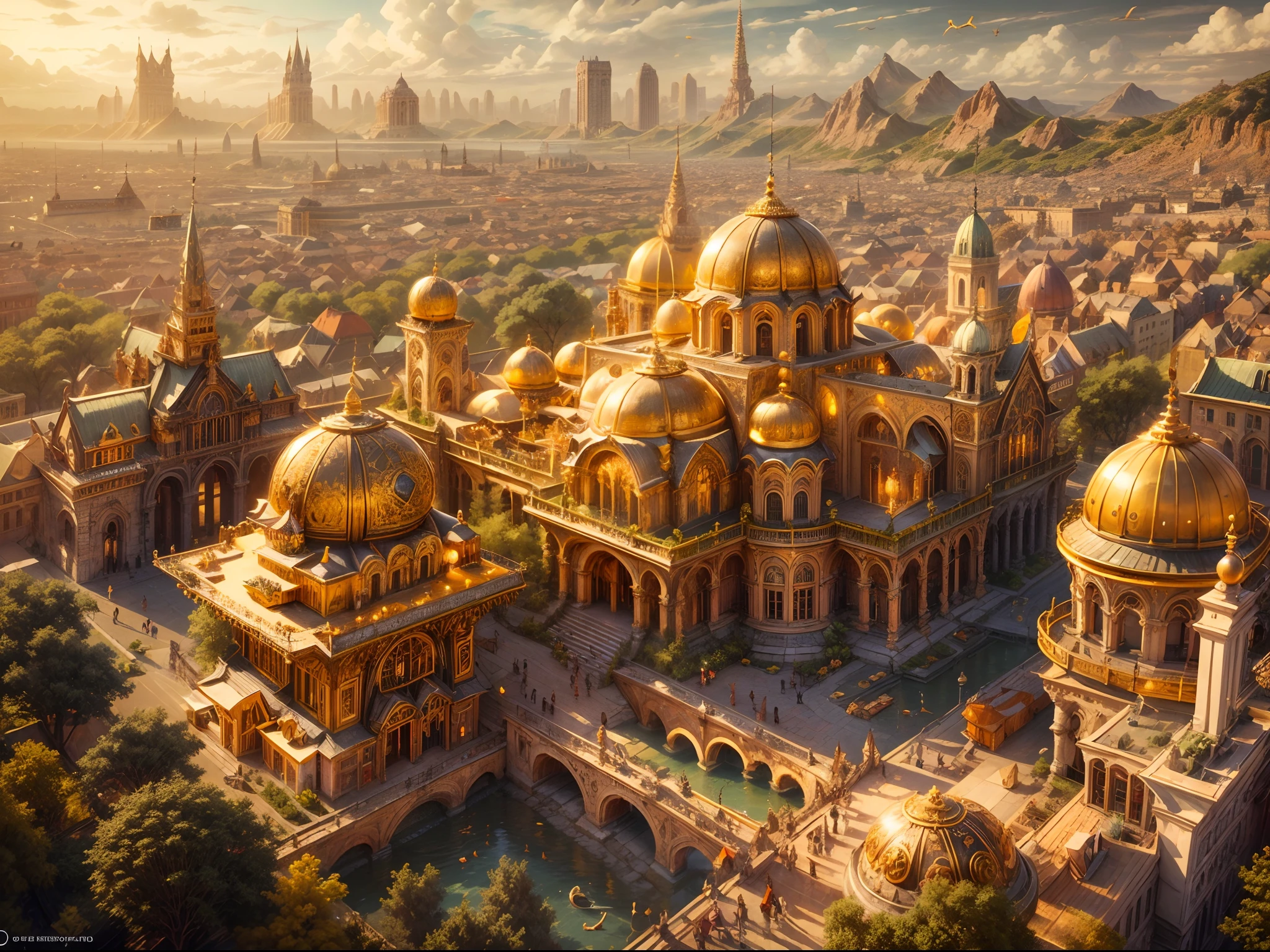 best quality,4k,8k,highres,masterpiece:1.2,ultra-detailed,realistic:1.37,ultra wide angle aerial view, aerial shot,aerial perspective, fantasy golden city, golden architecture, golden cityscape, pure gold houses and castle, shimmering buildings, majestic golden jade castle, intricate golden details, grandeur and opulence, unique architectural design, diverse mix of houses, intricate city layout, bustling city streets, enchanted golden towers, sparkling rooftops, vibrant golden colors, panoramic view of the city, breathtaking scenery, magical atmosphere, dreamlike ambiance, celestial cityscape, magnificent sight, ethereal glow, golden rays of sunlight, rich textures and patterns, awe-inspiring golden structures, pristine golden domes, exquisite craftsmanship, detailed engravings, golden sculptures, jewel-like reflections, golden bridges connecting the city, winding narrow alleys, hidden gem-like gardens, harmonious blend of nature and architecture, majestic fountains, enchanting water features, golden flags fluttering in the wind, charming market squares, bustling activities, birds-eye perspective, surreal landscape, golden hues, warm and inviting lighting