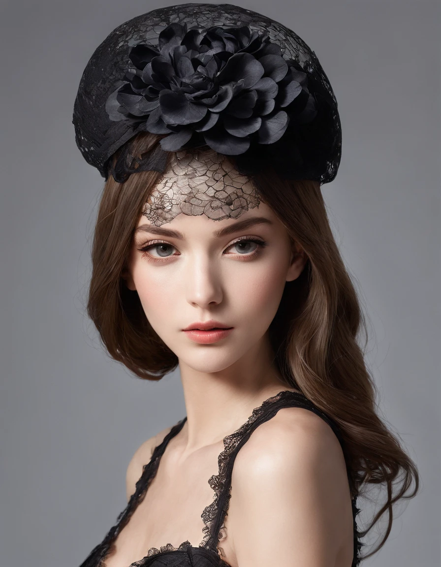 Pretty and very elegant girl wearing a talk cap decorated with big black lace flowers. Her entire face is covered with lace. She wears a loose-fitting black lace cocktail dress that hangs over her shoulders. Her skin is very shiny. The background is beautiful banquet. She is gently illuminated. Very shallow depth of field、the background is blurred. full body