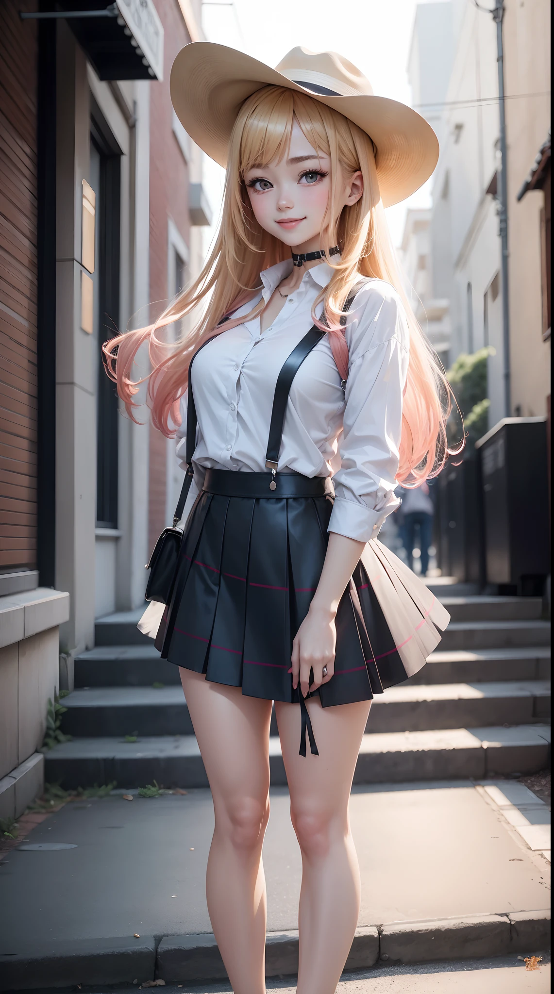 1 Anime-Mädchen, Marin Kitagawa mit glattem, blonden Haar mit einem Ombré-Farbverlauf zu rosarot oder zitrusorange an den Spitzen und das bis zur Taille hinten, Pony bedeckt den größten Teil ihrer Stirn und Augenbrauen, bis zu ihren Wimpern; zwei Strähnen fallen ihr über die Schultern und enden etwa auf Brusthöhe, Fröhliche Augen, Weißes Nylon-Hemd, Weiße Krawatte, Schwarzer Rock mit Hosenträgern, Fröhliches Lächeln, Cowboyhut tragen, Gebäude, Straße, Treppe, Betrachter betrachten, Ganzkörper,