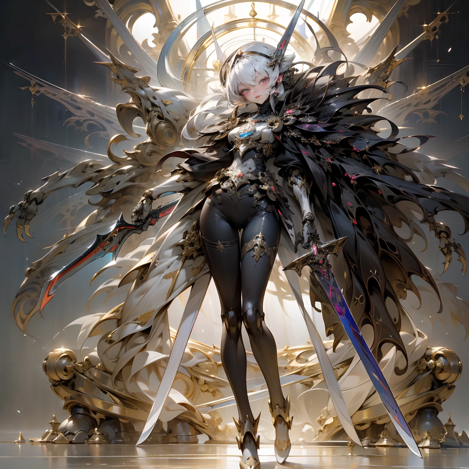 Senju Kannon with a sword、​masterpiece、top-quality、top-quality、Official art、Beautifully Aesthetic:1.2)、、ighly detailed、(Fractal Art:1.3)、, , ((Perfect robotic eyes)) ((perfect symmetry)), Perfect face, Perfect body, Undeservedly beautiful, enigmatic, Helial , (​masterpiece、top-quality、top-quality、Official art、Beautifully Aesthetic:1.2)、、ighly detailed、(Fractal Art:1.3)、 Full body, Cyborg Assassin, (((Countless arms hold the sword))) Dark grey metal body armor, , ((Perfect robotic eyes)) ((perfect symmetry)), Perfect face, Perfect body, ,　"(Best Quality,4K,8K,hight resolution,masutepiece:1.2), Ultra-detailed, Realistic:1.37, (Detailed eyes:1.1, Beautiful detailed lips:1.1), Elegant posture, Slender legs, long and slim legs,Long legs,apotheosis