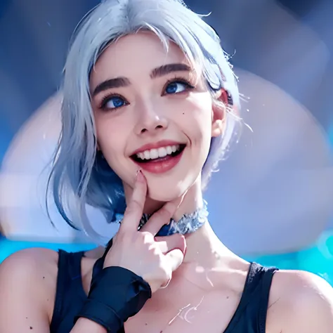 jett, upper body, 1girl, solo, blue eyes, gloves, masterpiece,best quality, masterpiece, smiling, bright lighting, vivid colors, white hair